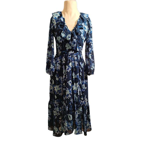 J.Crew Floral Dress Sz 4 Blue Long Sleeve Ruffle Fairygoth Boho Church Event J.Crew Floral Dress Sz 4 Blue Long Sleeve Ruffle Fairygoth Boho Church Event